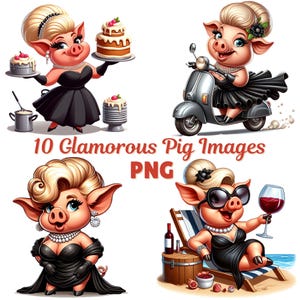 10 immagini clipart PNG di maiali glamour, simpatici maiali dei cartoni animati, sfondo trasparente, per la creazione di biglietti, diari spazzatura, sublimazione, POD
