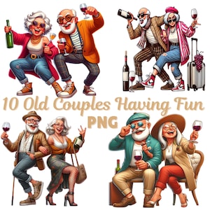 10 oude stellen plezier clipartafbeeldingen png, transparante achtergrond, grappige oma en opa, kaarten maken, sublimatie, oude dame drinkt wijn