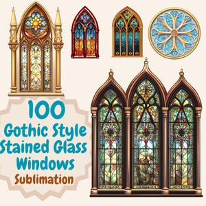 100 vitraux gothiques, clipart PNG, fond transparent, fabrication de cartes, sublimation, publicité POD, architecture médiévale