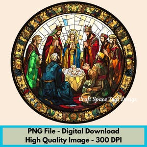 Christmas Nativity Scene - Stained Glass Effect - Round Digital Image, High Quality Digital PNG - Print At Home, Card Making, Wall Art,