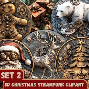 10 adornos navideños Steampunk 3D PNG Clipart, (SET 2) Fondo transparente, para hacer tarjetas, revistas basura, POD de sublimación, victoriana