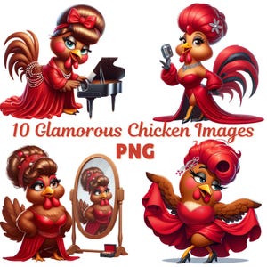 10 Glamouröse Hühner PNG Clipart-Bilder, niedliche Cartoon Hennen, transparenter Hintergrund, für Kartenherstellung, Junk Journals, Sublimation, POD