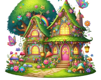20 Fantasy Fairy Houses PNG Clipart Images, Print At Home, Transparent Background, Card Making, Boho Wall Art, Whimsical Enchanted Cottages