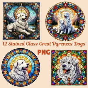 12 effets de vitrail chien des Grands Pyrénées, clipart PNG, impression à la maison, fond transparent, fabrication de cartes, journaux indésirables, art mural, animaux de compagnie