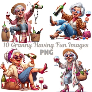 10 oma plezier clipartafbeeldingen png, transparante achtergrond, grappige oma, kaarten maken, sublimatie, oude dame drinkt wijn