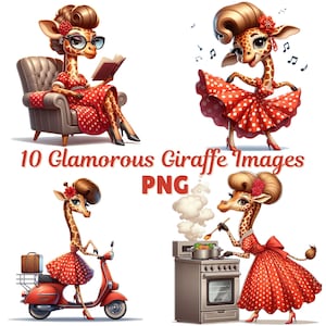 10 immagini PNG clipart di giraffa glamour, sfondo trasparente di giraffa carina dei cartoni animati, per la creazione di biglietti, diari spazzatura, sublimazione, POD