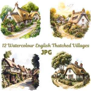 May include: A collection of watercolour paintings showcasing English thatched villages. The artworks feature quaint cottages with straw roofs, set amidst verdant landscapes and pathways. The text reads "12 Watercolour English Thatched Villages JPG".