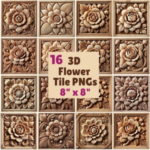 16 X 3D Carved Wood Effect Flower Tile PNG Digital Images, 8&quot; X 8&quot; Print At Home, Kitchen Design, Card Making,  Wall Art, Unique Home Decor