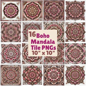 16 Bohemian Style Pink & brown Mandala Tile PNG Digital Images, Print At Home, Boho Kitchen Design Card Making, Junk Journals, Wall Art,