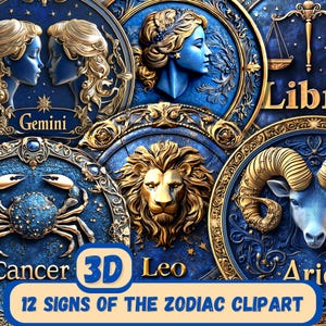12 Zeichen des Tierkreises 3D druckbare PNG Clipart, transparenter Hintergrund, für die Kartenherstellung, Junk Journals, Sublimation, Horoskop, Blau & Gold