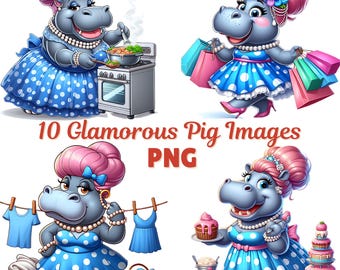 10 Glamorous Hippo PNG Clipart Images, Cute Cartoon Hippos, Transparent Background, Card Making, Junk Journals, Sublimation, Hippopotamus