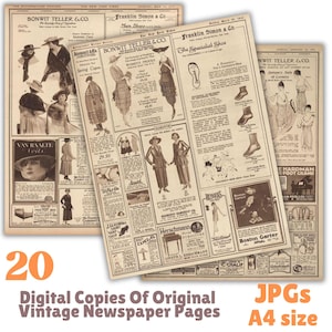 20 digitale Kopien von Original-Vintage-Werbezeitungsseiten, JPG-Bildern, Junk Journal Ephemera, Scrapbooking, A4 Printables, alten Anzeigen