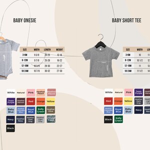 May include: Image of baby clothing: a grey onesie and a grey short tee, displayed on hangers. Size charts provide measurements in inches and weight in ounces. A colour palette is also shown, with various options for the garments.