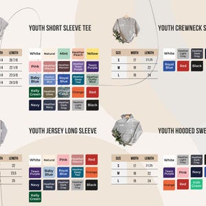 May include: A size and colour chart for youth clothing, including short sleeve tees, crewneck sweatshirts, jersey long sleeves, and hooded sweatshirts. Colours include white, pink, blue, green, and more. Measurements are in inches.