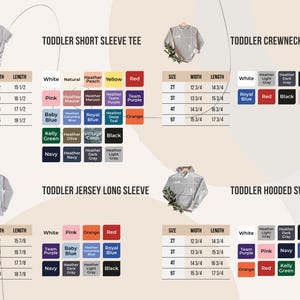May include: A product catalogue showcasing toddler clothing. The image presents t-shirts, sweatshirts, and hoodies with size, width, and length measurements in inches. Colour options include white, pink, orange, red, and other shades.