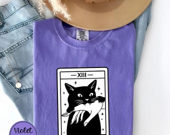 Black Cat Tarot Shirt - Witchy Death Design on Soft Cotton Tee