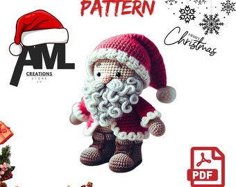 May include: Crochet pattern for a Santa Claus amigurumi doll. The pattern is in English and includes a PDF download. The doll is wearing a red hat and a red and white sweater. The doll has a white beard and a white moustache.