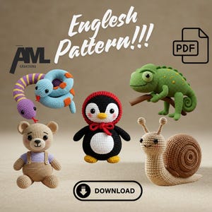 Puede incluir: Patrones de amigurumi de crochet para una serpiente, un camaleón, un pingüino, un oso de peluche y un caracol. Los patrones están disponibles en formato PDF y se pueden descargar. La imagen incluye el texto "English Pattern!!!" y "PDF".