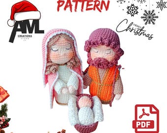 Haakpatroon kerststal amigurumi, Heilige Familie pdf-patroon, Mary Joseph Baby Jesus Crochet, DIY kerstdecor, kerststalpatroon