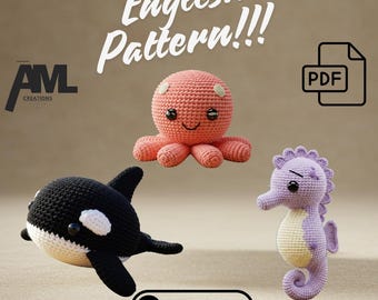 Amigurumi zeedier gehaakt patroonbundel, octopus orka zeepaardje pdf, doe-het-zelf oceaanwezen speelgoedset, haakpatronen voor beginners