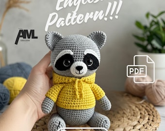 PDF Crochet Pattern for Amigurumi Raccoon, DIY Plush Raccoon Toy, Ollie the Raccoon Crochet Tutorial, Beginner Crochet Animal PDF