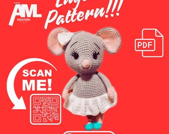 Maus Ballerina Amigurumi Häkelanleitung mit Kleid und Schleife, PDF Anleitung in Englisch plus QR Video Anleitung für Anfänger zum Download