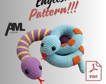 Padrão de crochê de cobra amigurumi, tutorial em PDF de cobra de pelúcia, brinquedo de cobra de crochê faça você mesmo, padrão de cobra para iniciantes