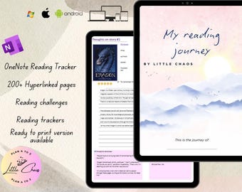 以下が含まれることがあります： パープルの OneNote アイコンと「OneNote Reading Tracker」と「My reading Journey BY LITTLE CHAOS」のテキストが表示されたデジタルプランナー。このプランナーには、200 以上のハイパーリンク付きページ、読書チャレンジ、読書トラッカー、印刷可能なバージョンが含まれています。