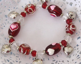 Heart Beaded Stretch Bracelet with Silver Heart Charms  Heart Jewelry