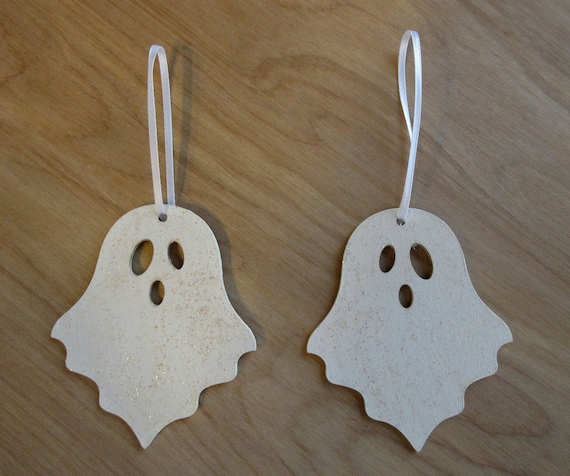 Set Of 2 White Glitter Ghost Ornaments~ Halloween~ Super Cute!