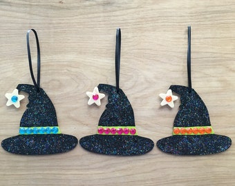 Set Of 3 Glitter Witch Hat Ornaments~ Halloween~Solstice Tree~Super Cue!