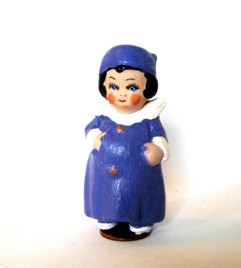 charming 3 penny doll, dressed in a blue robe and hat, standing on a penny, gift for her, dollladydianas dolls, porcelain collectible, doll image 6