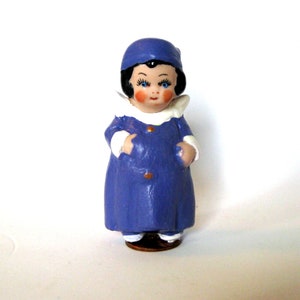 charming 3 penny doll, dressed in a blue robe and hat, standing on a penny, gift for her, dollladydianas dolls, porcelain collectible, doll image 1