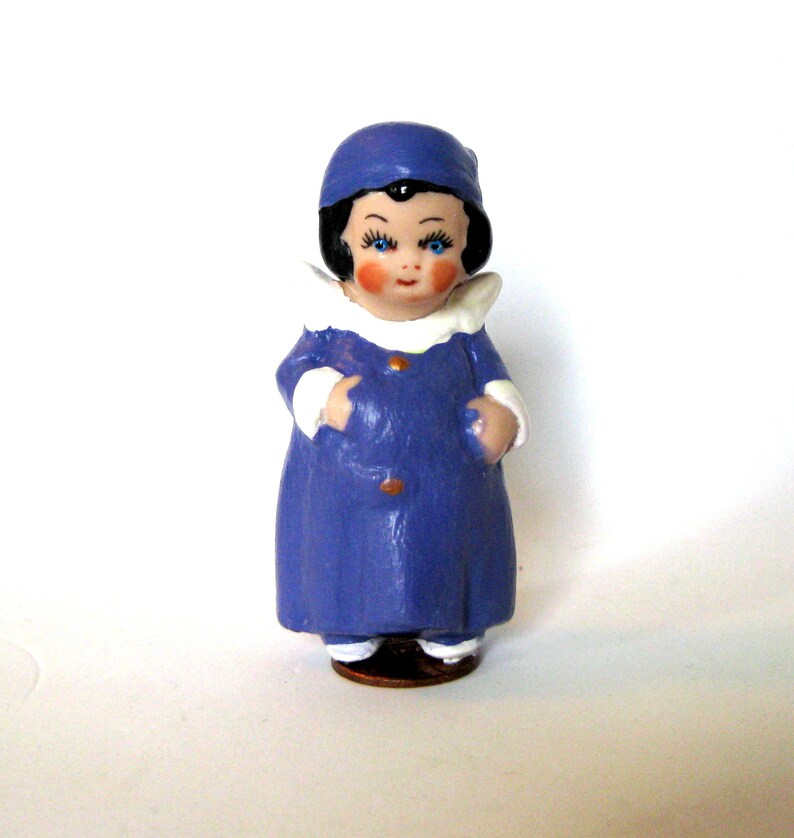 charming 3 penny doll, dressed in a blue robe and hat, standing on a penny, gift for her, dollladydianas dolls, porcelain collectible, doll image 1