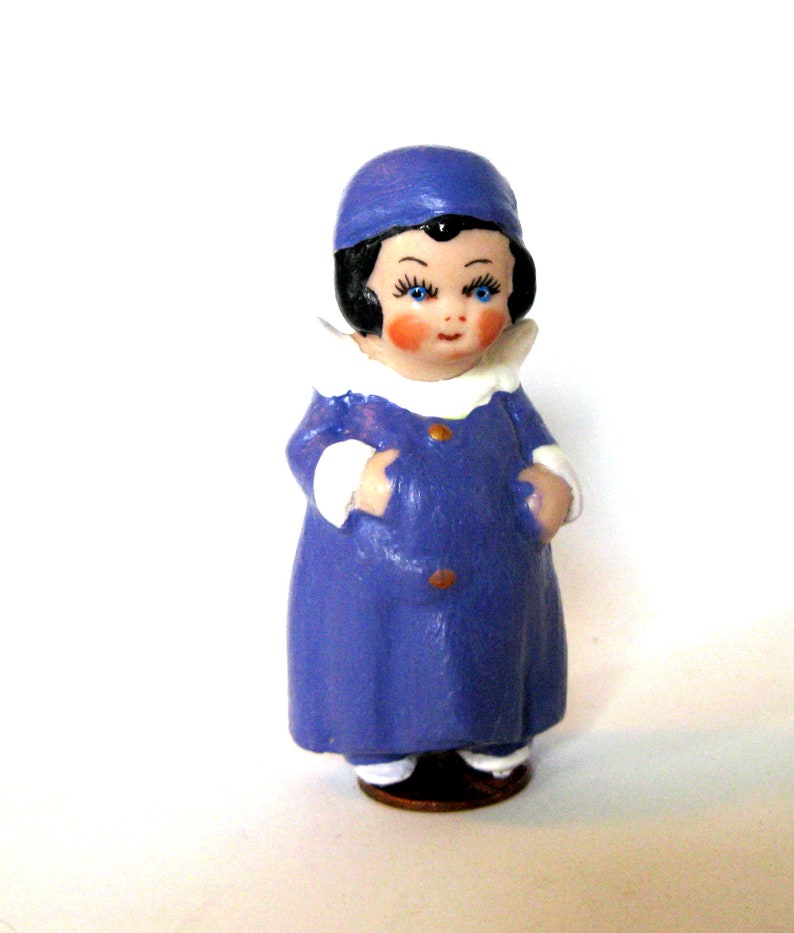 charming 3 penny doll, dressed in a blue robe and hat, standing on a penny, gift for her, dollladydianas dolls, porcelain collectible, doll image 5