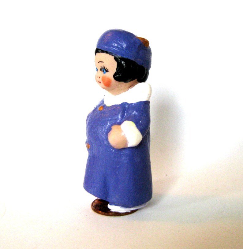 charming 3 penny doll, dressed in a blue robe and hat, standing on a penny, gift for her, dollladydianas dolls, porcelain collectible, doll image 2