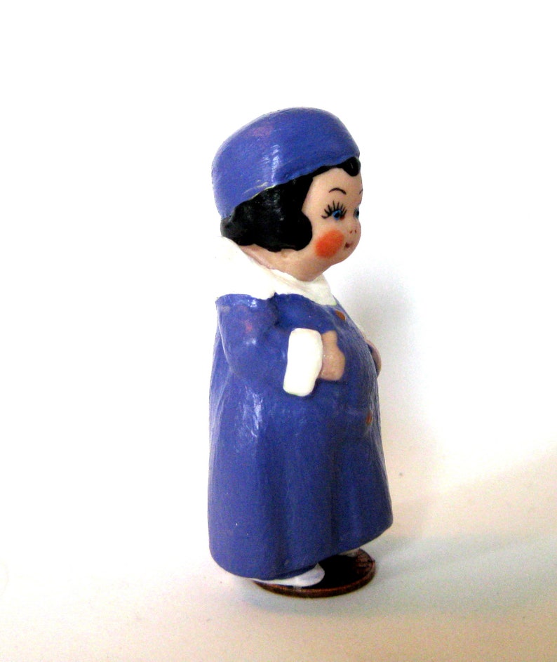 charming 3 penny doll, dressed in a blue robe and hat, standing on a penny, gift for her, dollladydianas dolls, porcelain collectible, doll image 4