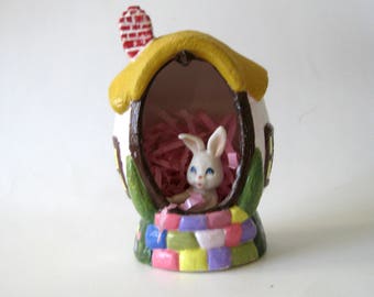 Easter porcelain 4" egg house  with bunny handcrafted collectible