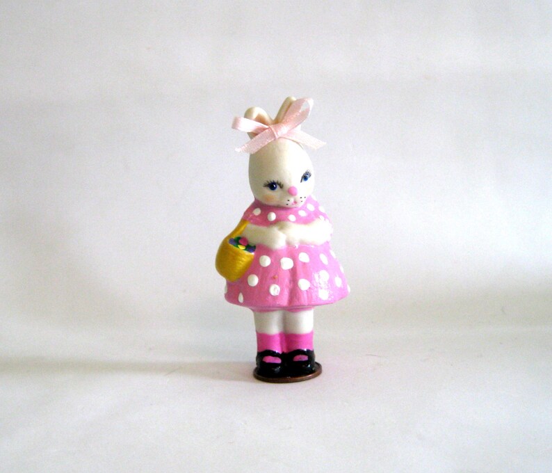 ooak rabbit penny doll Easter basket collectible gift for her penny bun in pink dot dress collectible penny bunny dollladydianas dolls