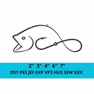 May include: A black machine embroidery design of a fish silhouette integrated with a fishing hook. Below the graphic, a blue banner displays the text 2" 3" 4" 6" 7" and the file formats DST PES JEF EXP VP3 HUS SEW XXX.