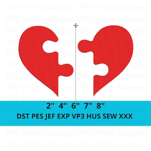 Puede incluir: Dos piezas de rompecabezas rojas en forma de corazón, una al lado de la otra, con una línea vertical entre ellas. La imagen incluye medidas en pulgadas y abreviaturas de tipo de archivo: DST PES JEF EXP VP3 HUS SEW XXX.
