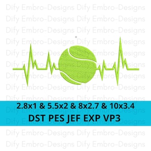 Puede incluir: Una pelota de tenis verde con una costura blanca, centrada sobre un gráfico de latido del corazón verde. El texto "2.8x1 & 5.5x2 & 8x2.7 & 10x3.4" está en azul en la parte superior de la imagen. El texto "DST PES JEF EXP VP3" está en blanco debajo de la pelota de tenis. El fondo es blanco.