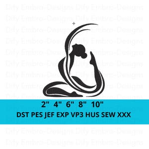 May include: Black silhouette of a person in a yoga pose. The image includes size options: 2", 4", 6", 8", and 10". Also includes file type options: DST, PES, JEF, EXP, VP3, HUS, SEW, and XXX.
