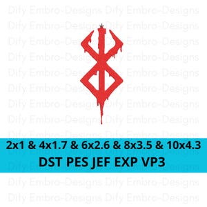 Op de afbeelding: Rood, druppelend, bloedachtig symbool met een kruis aan de bovenkant. Het symbool is een gestileerde 'X' met een verticale lijn in het midden. De afbeelding bevat de tekst '2x1 & 4x1.7 & 6x2.6 & 8x3.5 & 10x4.3' en 'DST PES JEF EXP VP3'.
