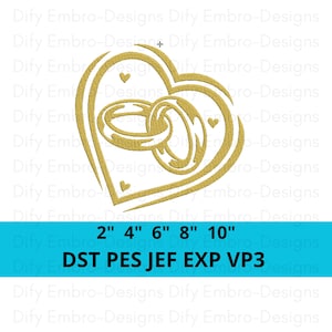 結婚指輪のハート刺繍デザイン - 結婚用機械刺繍ファイル - ロマンチックなカップルリング - 婚約指輪のアウトラインの即時ダウンロード