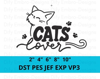 Diseño de bordado para amantes de los gatos: adorable cabeza de gato con huellas de patas. Archivo de bordado a máquina de gato para descarga instantánea. Patrón de bordado digital.