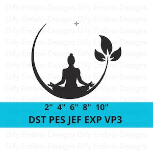 Peut inclure: Silhouette noire d'une personne méditant en position du lotus, dans un croissant de lune, avec des feuilles. L'image comprend le texte "2" 4" 6" 8" 10" et "DST PES JEF EXP VP3".
