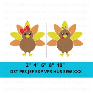 May include: Two cartoon turkey designs. One turkey has a red bow, the other does not. Both have brown bodies, yellow and orange tail feathers, and yellow feet. The text at the bottom reads: 2" 4" 6" 8" 10" DST PES JEF EXP VP3 HUS SEW XXX.