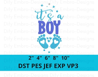 May include: A blue and turquoise embroidery design with the text "it's a BOY" and baby footprints with heart details. The design includes size options from 2" to 10" and file formats DST, PES, JEF, EXP, and VP3.