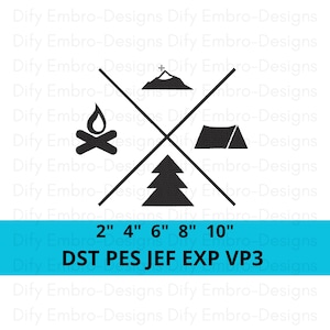 Camping Embroidery Design with Crossed Arrows and Icons | Campfire Tent Mountain Pine Tree Nature Themed Machine Embroidery File | Outdoor